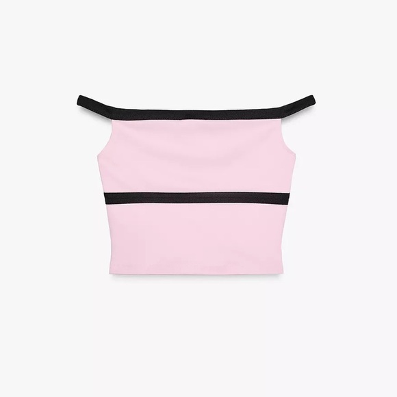 NWT Zara TIE FRONT CROP TOP Pink Black Bow Off The Shoulder Top Size Small - Picture 8 of 13